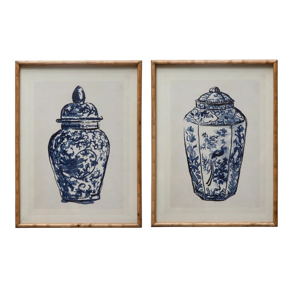 Blue & White Cachepot Prints With Wood Frame & Glass