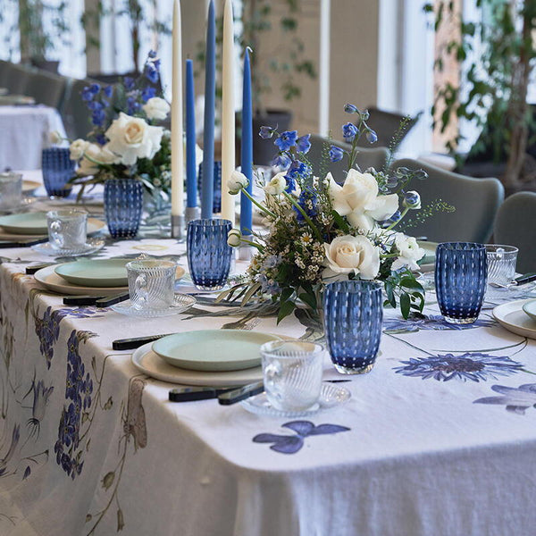 Blue Flower Garden Linen Tablecloth - Extra Length