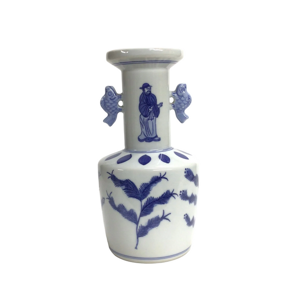 Vintage Oriental Blue & White Porcelain Vase w/ Fish Handles
