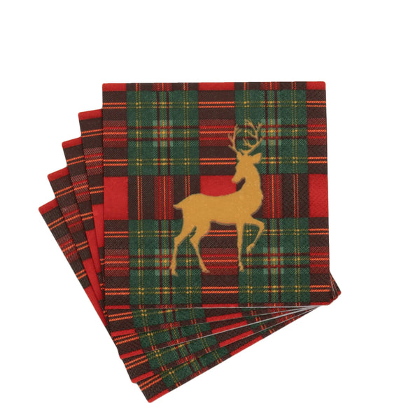 Cocktail Napkins - Reindeer Tartan Red