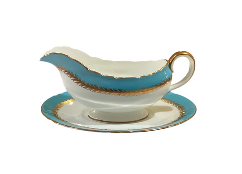 Vintage “Minerva Rose” Turquoise Aynsley Gravy Boat With Plate