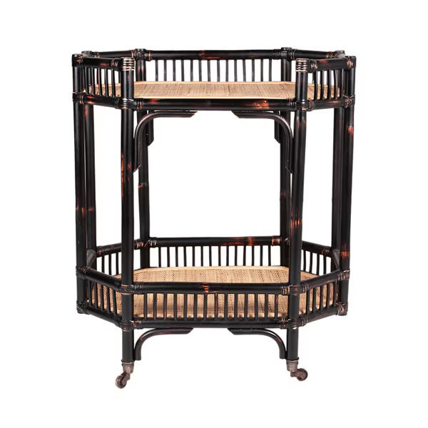 Chinoiserie Black Rattan Bar Cart