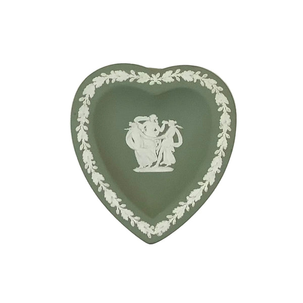 Vintage Wedgewood Sage Green Jasperware Heart Shaped Trinket Dish I