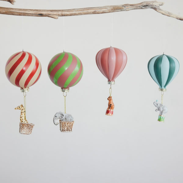 Hand-Painted Glass Striped Hot Air Balloon & Animal Ornament