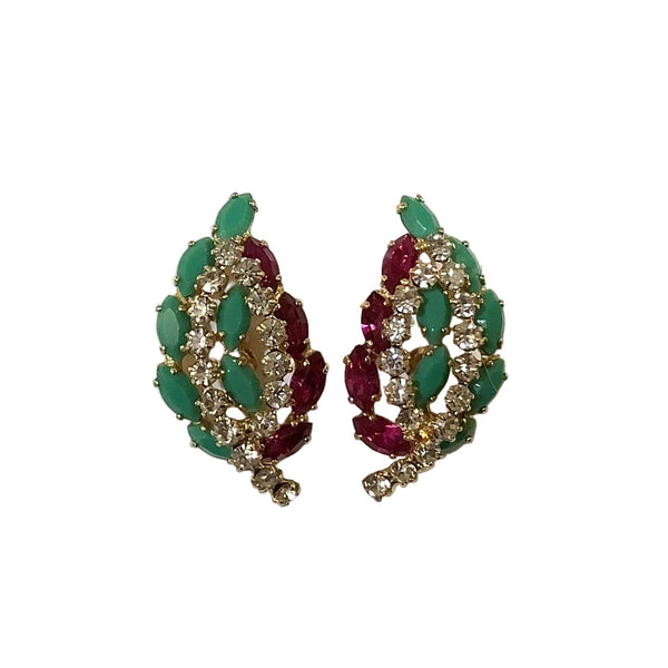 Vintage Sherman White, Fuchsia & Green Clip-On Earrings