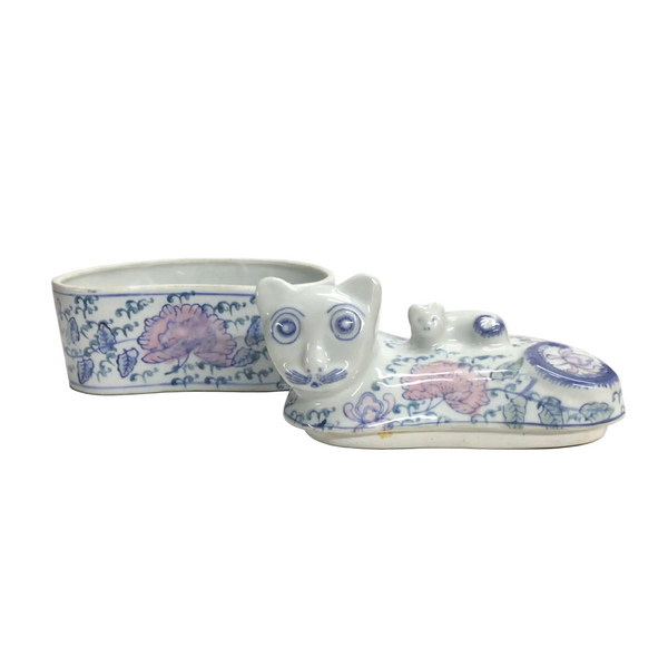 Vintage Chinoiserie Ceramic Cat Trinket Box