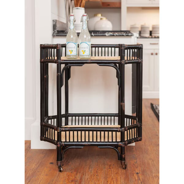 Chinoiserie Black Rattan Bar Cart