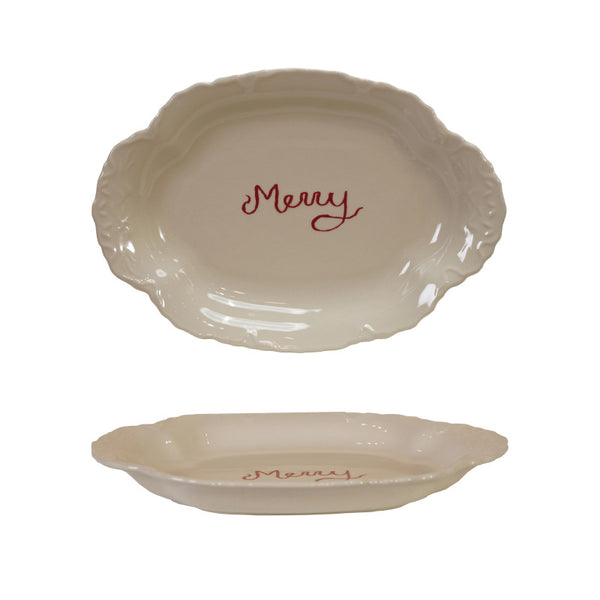 Merry Red & White Scalloped Stoneware Platter