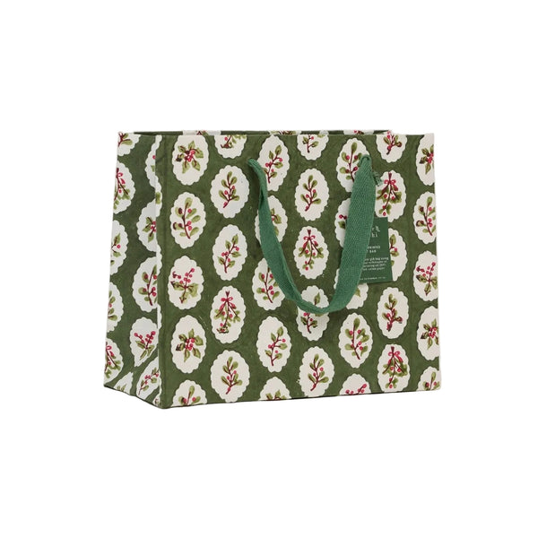 Hand Block Printed Medium Gift Bag - Holly Green