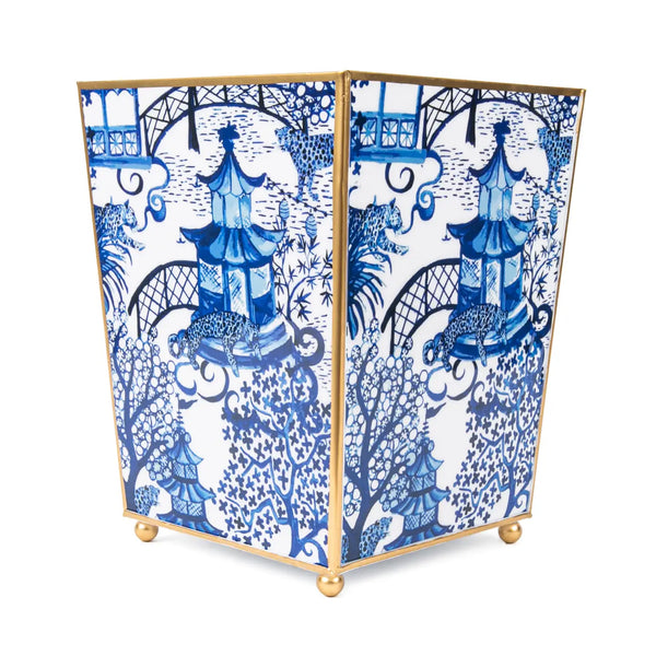 Garden Party Enameled Square Wastebasket in Blue & White