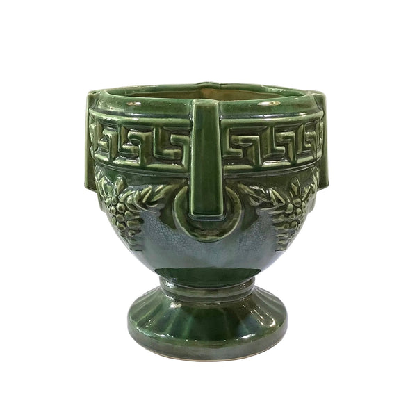 Vintage Green Majolica-Glazed Footed Ceramic Planter
