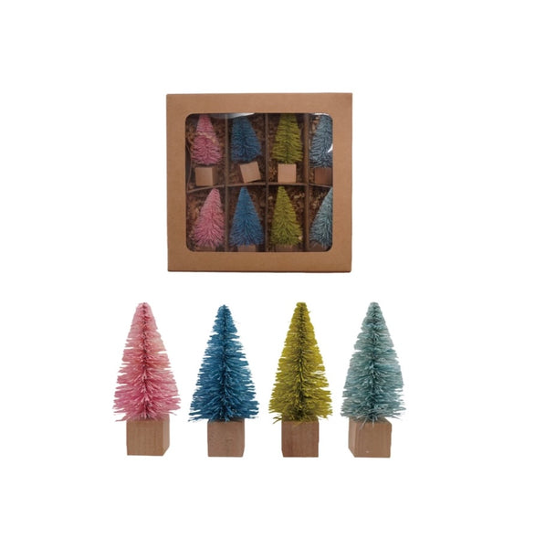 Multi Coloured Sisal Bottle Brush Trees with Wood Bases - Set of 8