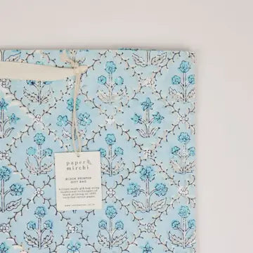 Hand Block Printed Gift Bag - Floral Lattice Blue Opal