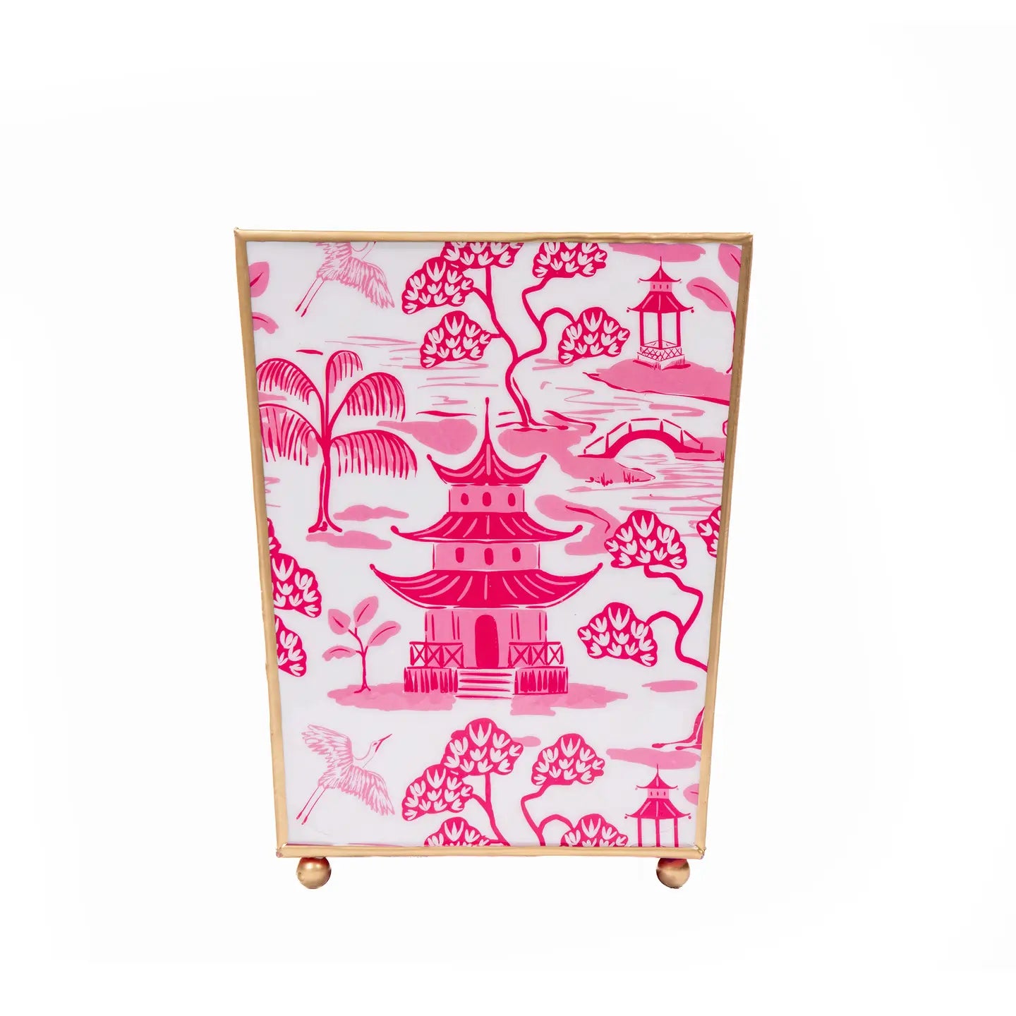 Kyoto Pagoda Enameled Square Wastebasket in White & Pink
