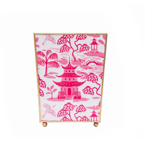 Kyoto Pagoda Enameled Square Wastebasket in White & Pink