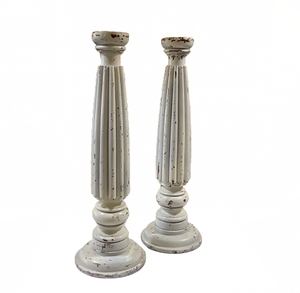 Vintage White Wood Candlesticks Pair
