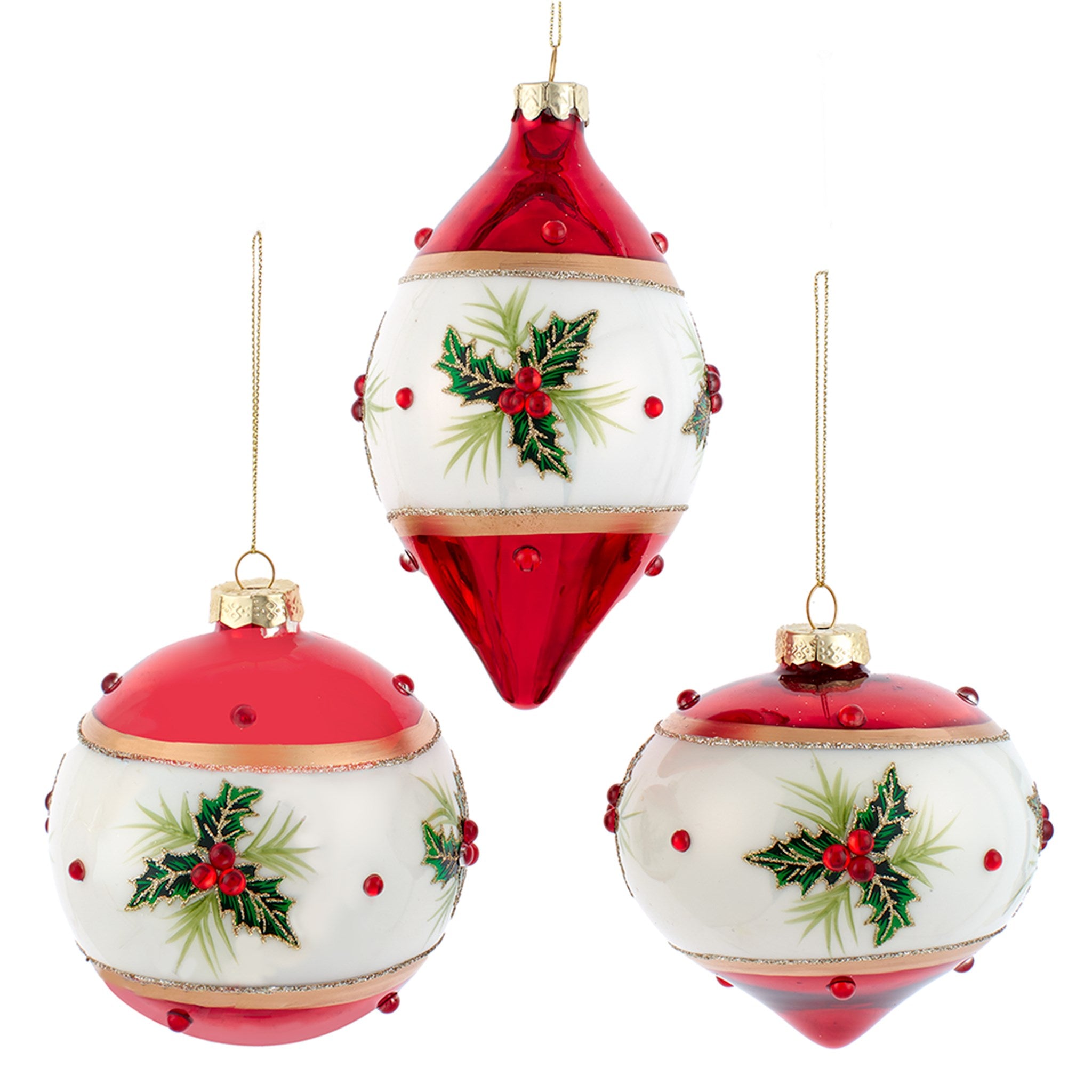 Red & White Glass Holly Ornaments