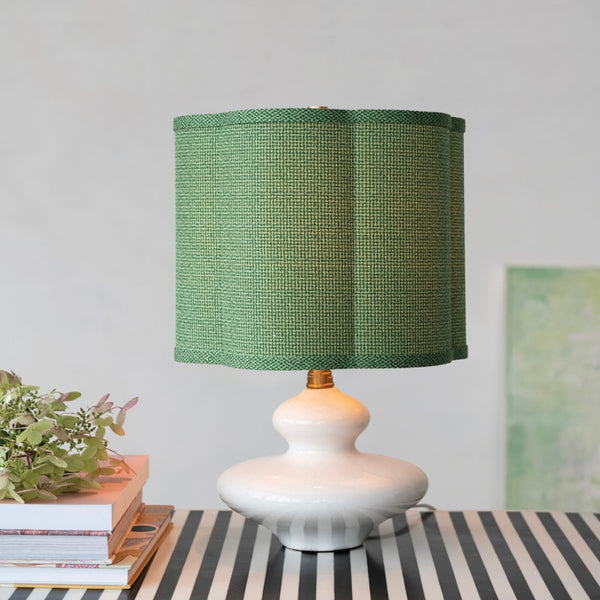 White Stoneware Table Lamp w/Scalloped Green Shade