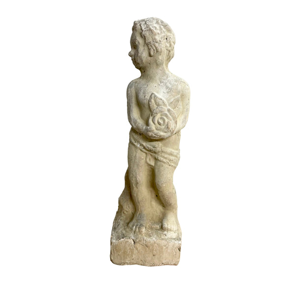 Vintage Cast Stone Cherub Figurine Holding a Rose II