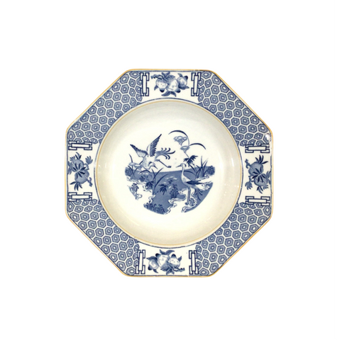 Vintage Rimmed Blue & White Storks Soup Bowls. Set of 4