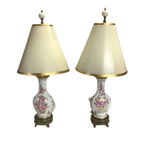 Vintage Cream, White & Gold Floral Lamp Pair