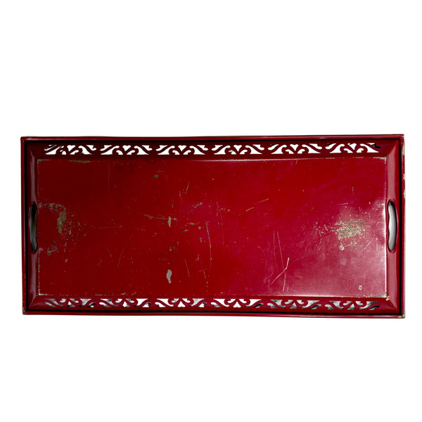 Vintage Painted Red Metal Rectangular Handled Tray