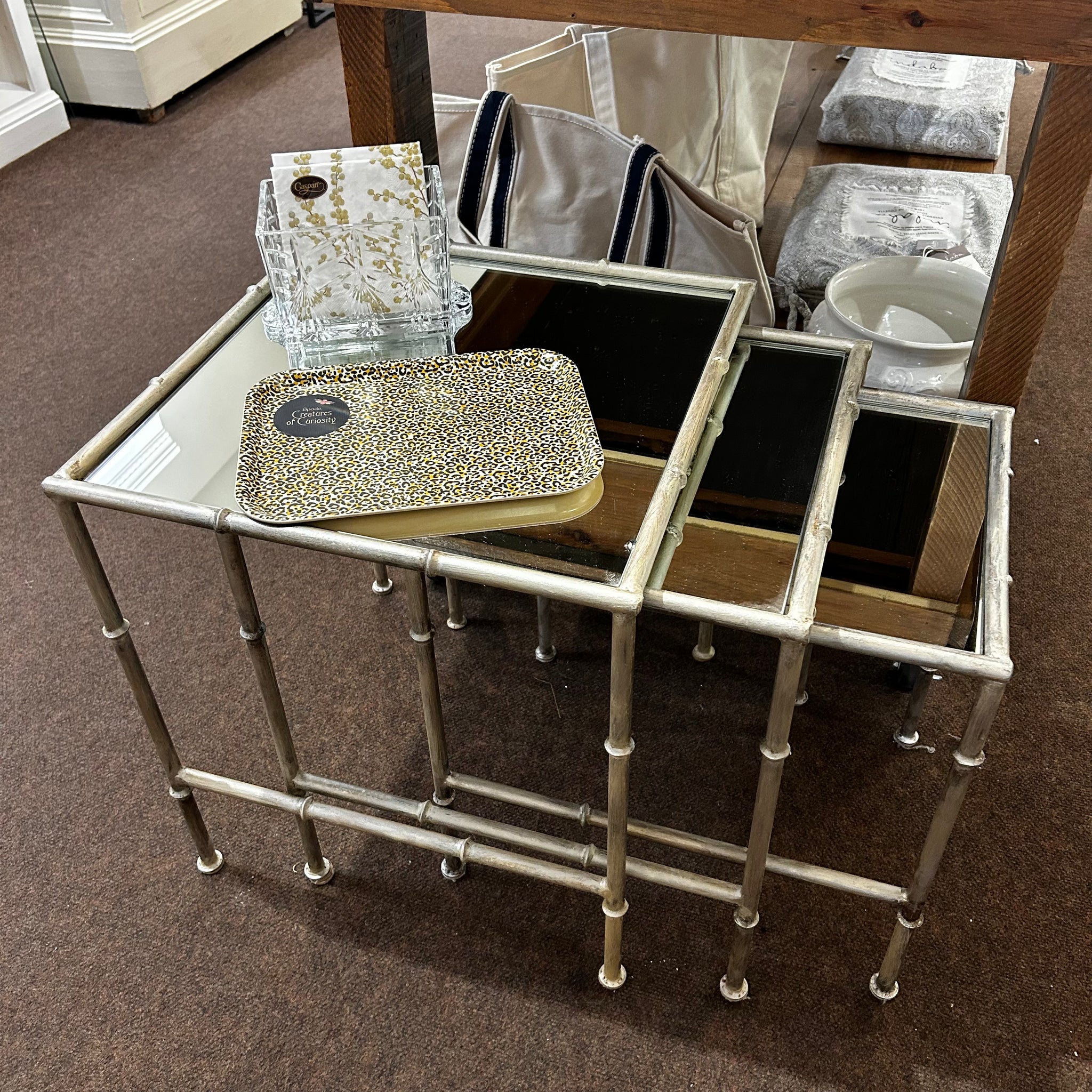Vintage Silver Painted Metal Bamboo Nesting Tables