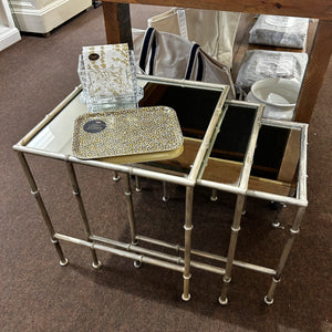 Vintage Silver Painted Metal Bamboo Nesting Tables