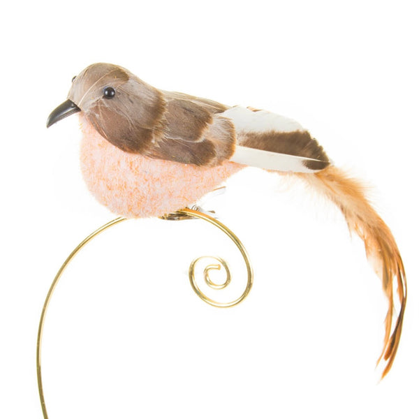 Brown Clip-On Bird Ornament With Feathery Tail