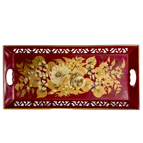 Vintage Painted Red Metal Rectangular Handled Tray