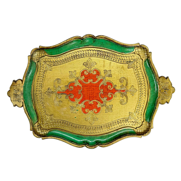 Vintage Italian Green, Orange & Gilt Florentine Wooden Tray