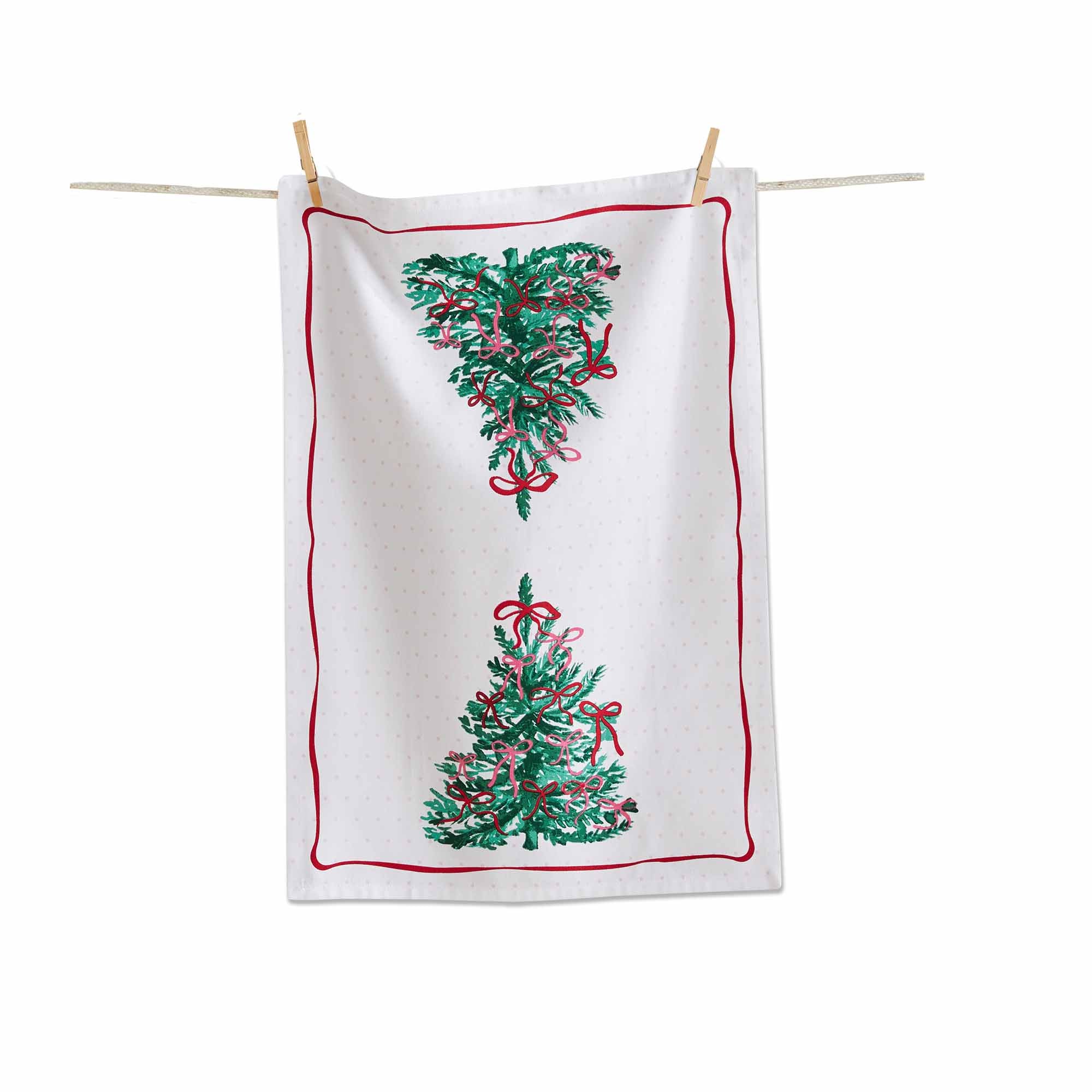 Pink & Red Ribbon Christmas Tree Dish Towel