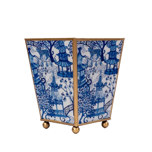 Garden Party Enameled Square Cachepot Planter Blue & White