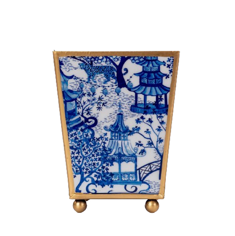 Garden Party Enameled Square Cachepot Planter Blue & White