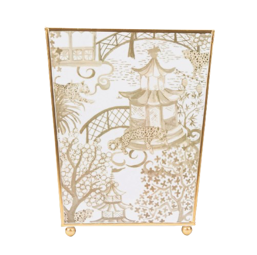 Garden Party Enameled Square Wastebasket in White & Taupe