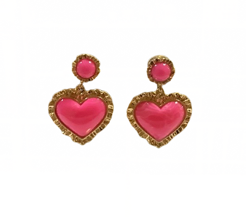 Heart Drop Earrings - Fuchsia/Gold