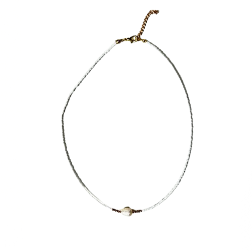 White & Gold Beads with Single Pearl Necklace