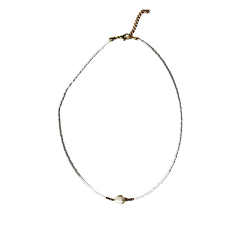 White & Gold Beads with Single Pearl Necklace