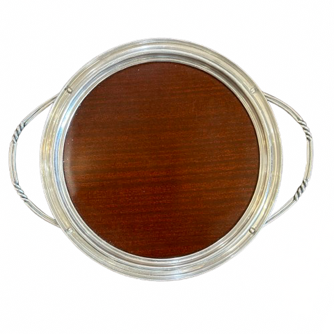 Vintage Round Metal & Wood Handled Tray