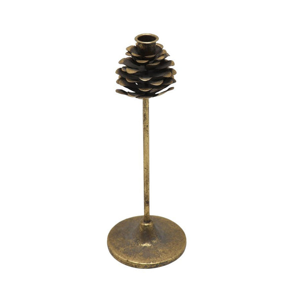 Metal Pine Cone Single Taper Antiqued Gold Candle Stick