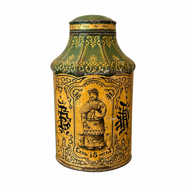 Antique English Regency Green & Gold Chinoiserie Toleware Tea Canister
