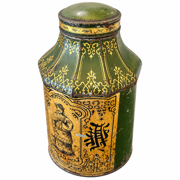 Antique English Regency Green & Gold Chinoiserie Toleware Tea Canister