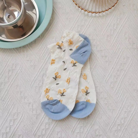 Floral Ankle Socks - 3 colours - Blue, Yellow & White.