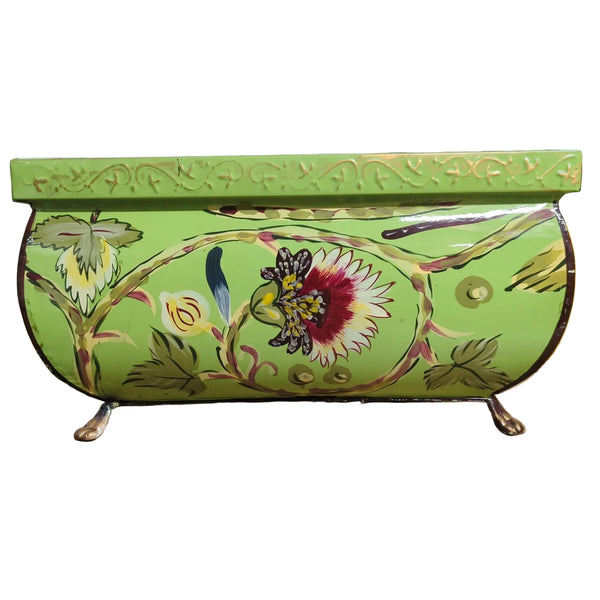 Vintage Hand-Painted Green Floral Footed Planter