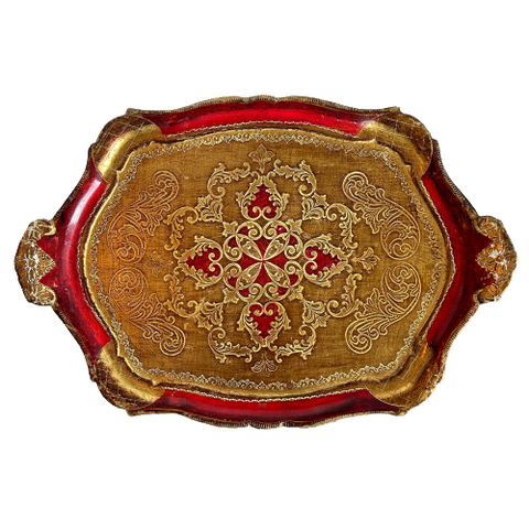 Vintage Italian Red & Gilt Florentine Wooden Tray