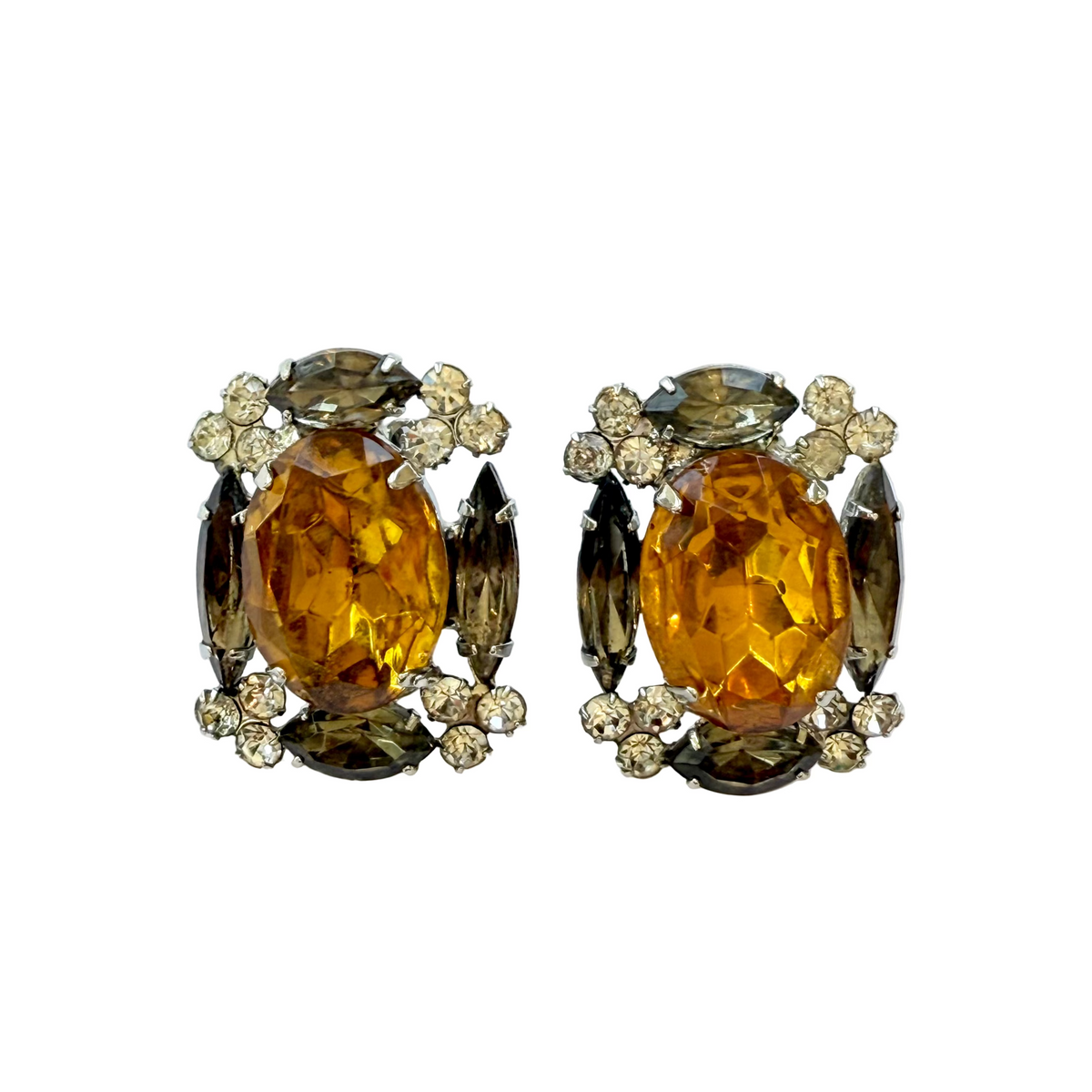 Vintage Citrine-Coloured Faceted Crystal & Rhinestones Clip-On Earring ...