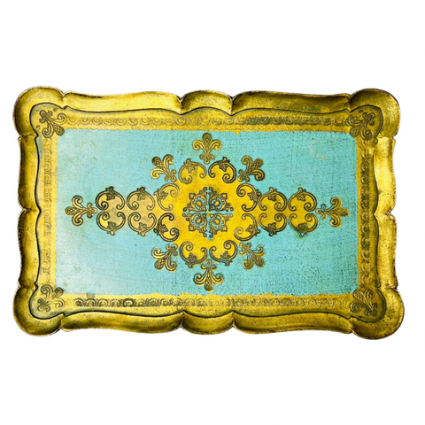 Vintage Turquoise & Gold Florentine Gilt Wood Tray