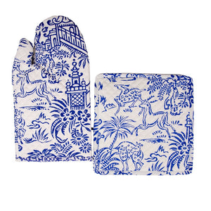Pagoda Toile Blue & White Oven Mitt And Pot Holder Set