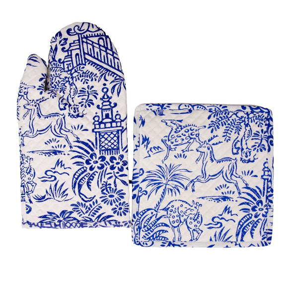 Pagoda Toile Blue & White Oven Mitt And Pot Holder Set