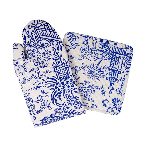 Pagoda Toile Blue & White Oven Mitt And Pot Holder Set